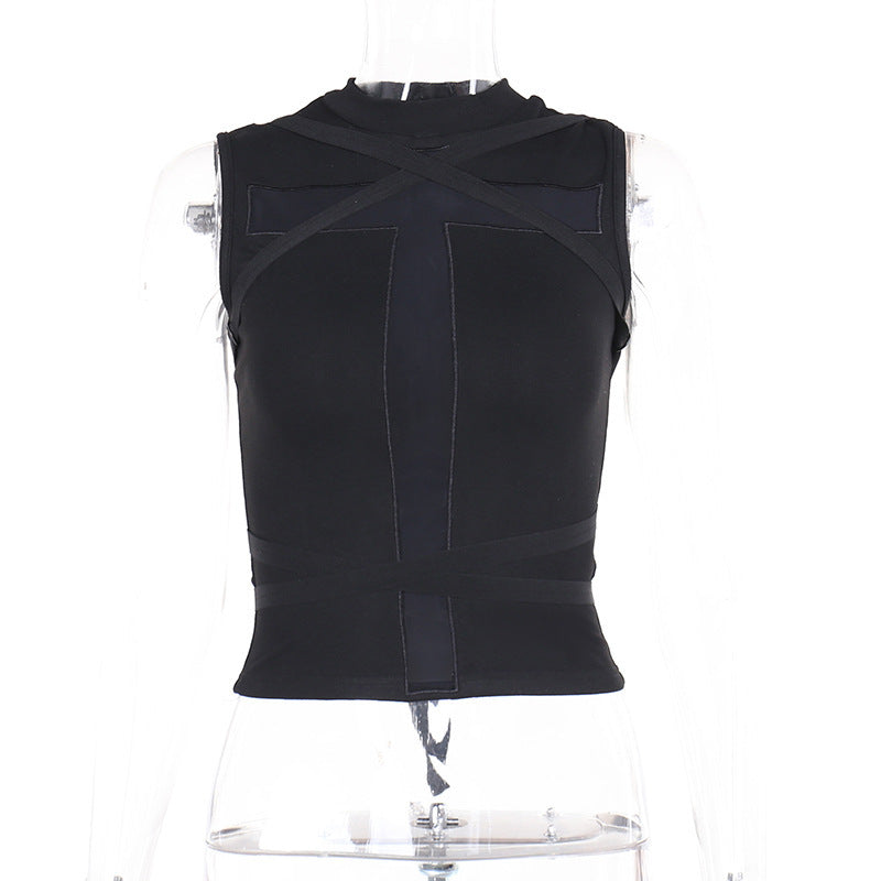 sheer cross High Neck Gothic Top Womens