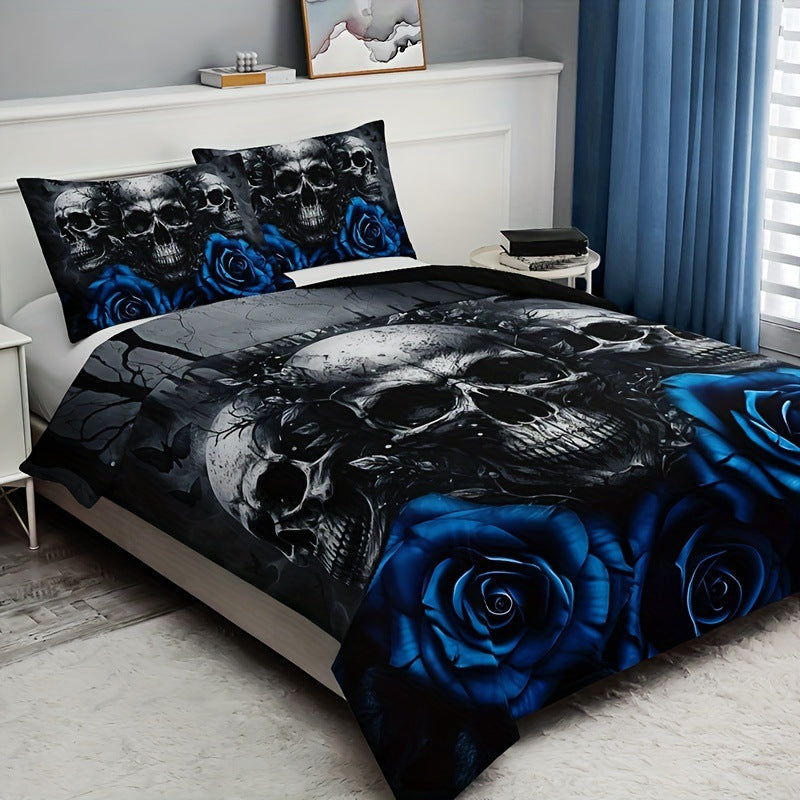 skull Blue Roses Punk Duvet Cover with Pillowcases