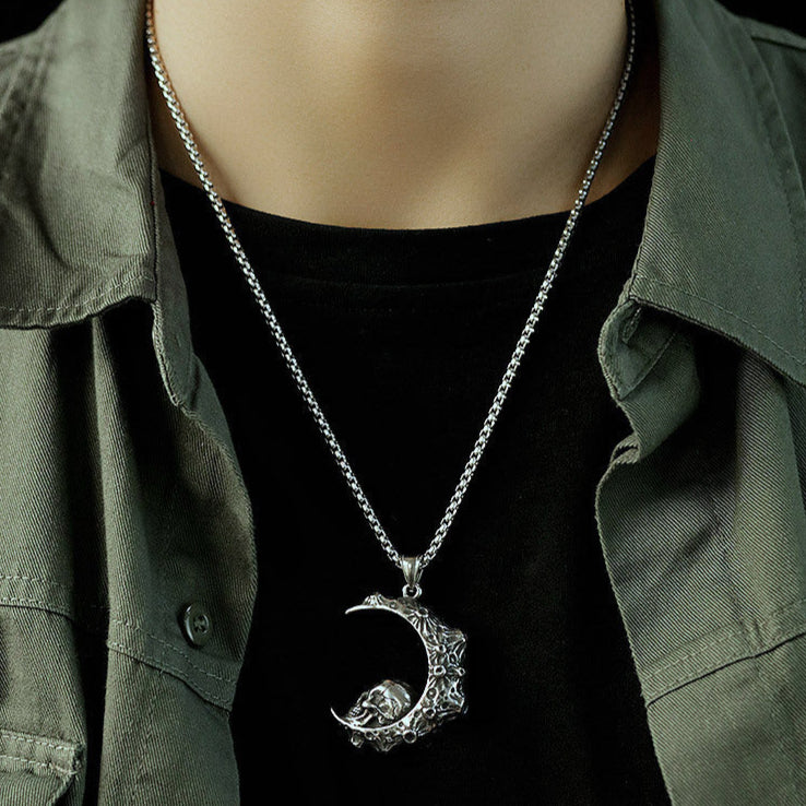 steel Crescent Moon Skull Necklace