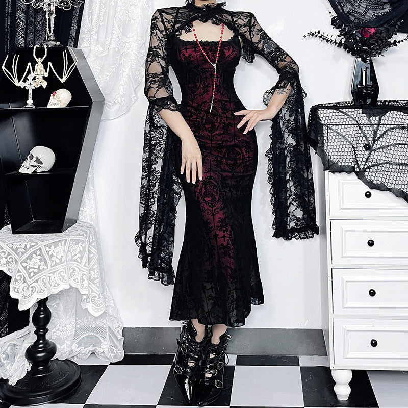 summer Gothic Midi Dress - Wine Red Lace