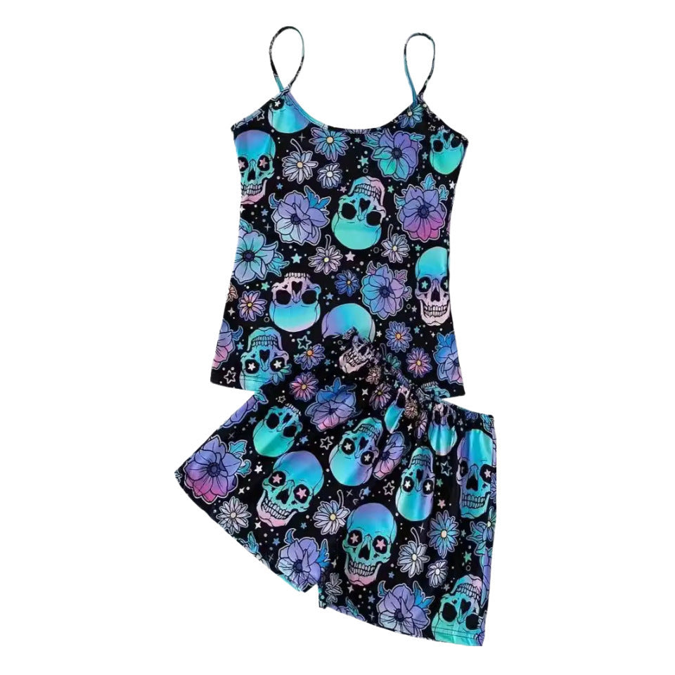 top and shorts Goth Pajamas Floral Skull Print punk