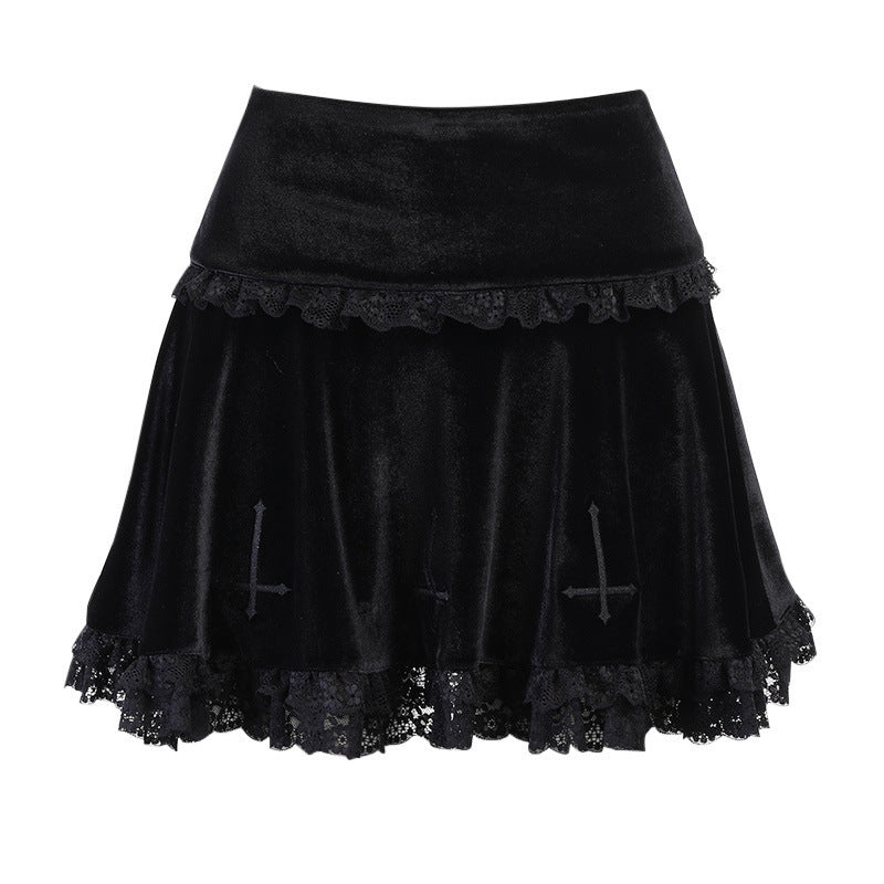 punk Inverted Cross Black Velvet Short Skirt goth
