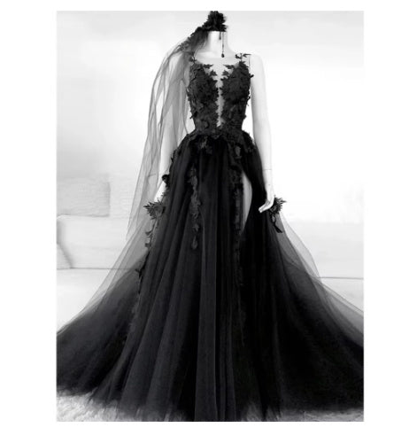 very maxi Black Goth Prom Dress - Backless & Floral