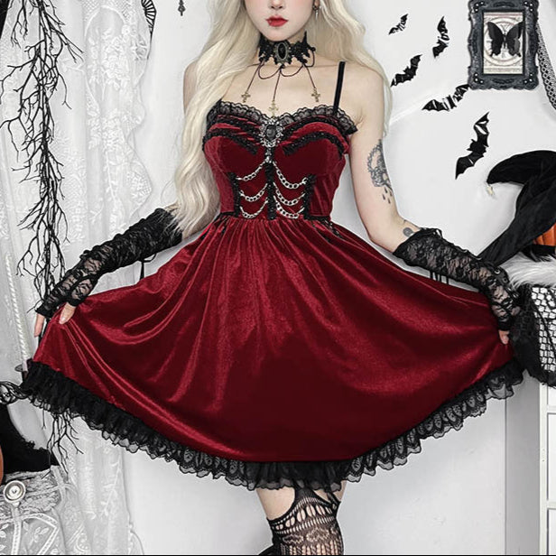 Red Goth Dress - Bright Velvet