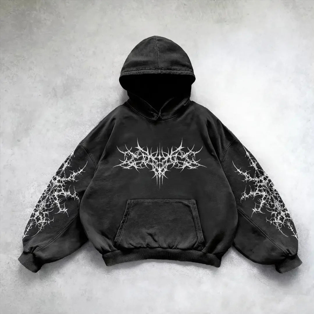 Black Gothic Hoodie for Men with White Print