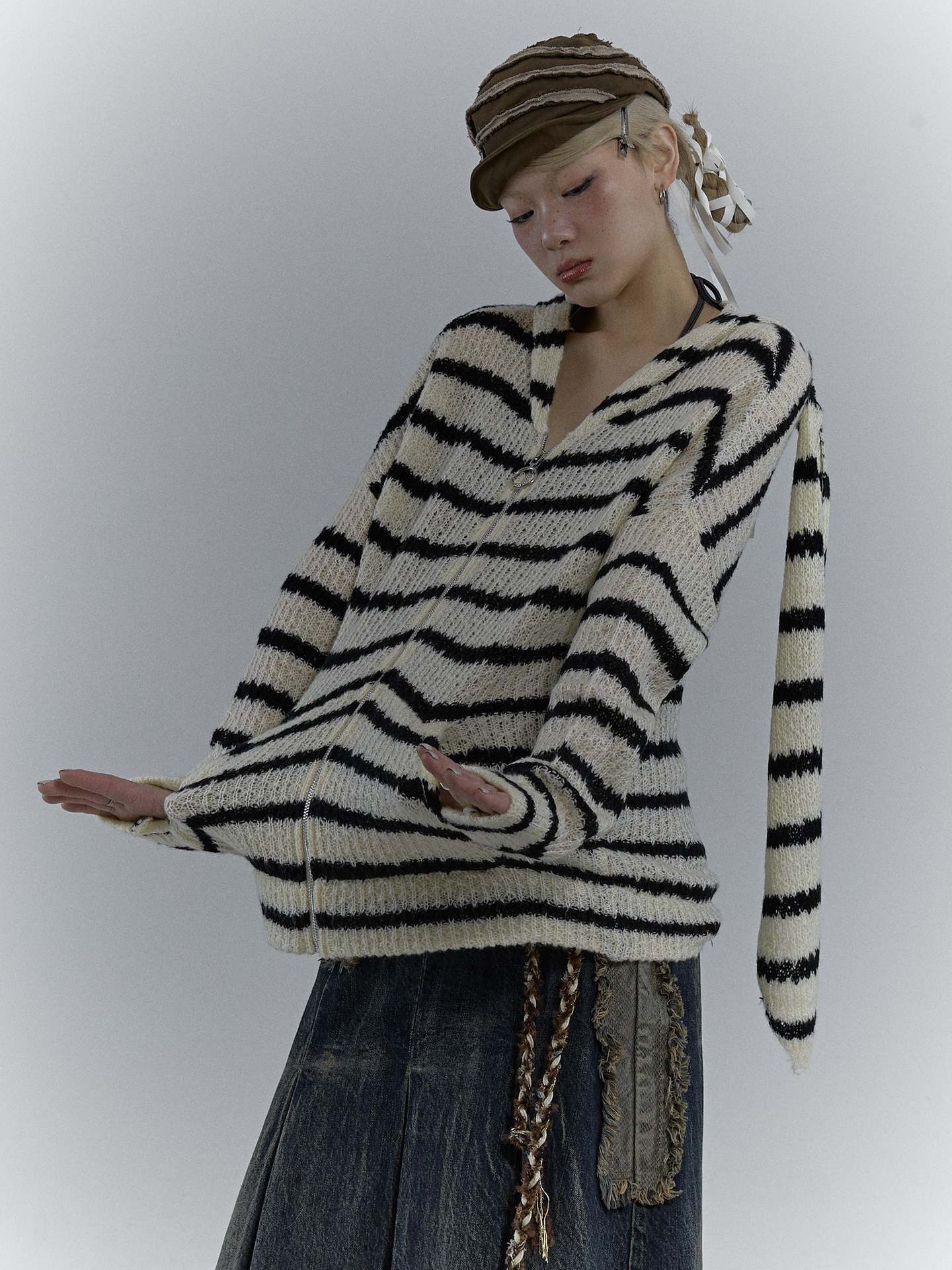 white Goth Alt Sweater Cardigan with Bunny Ears Womens