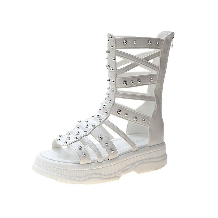 white Goth Studded Ankle Sandals