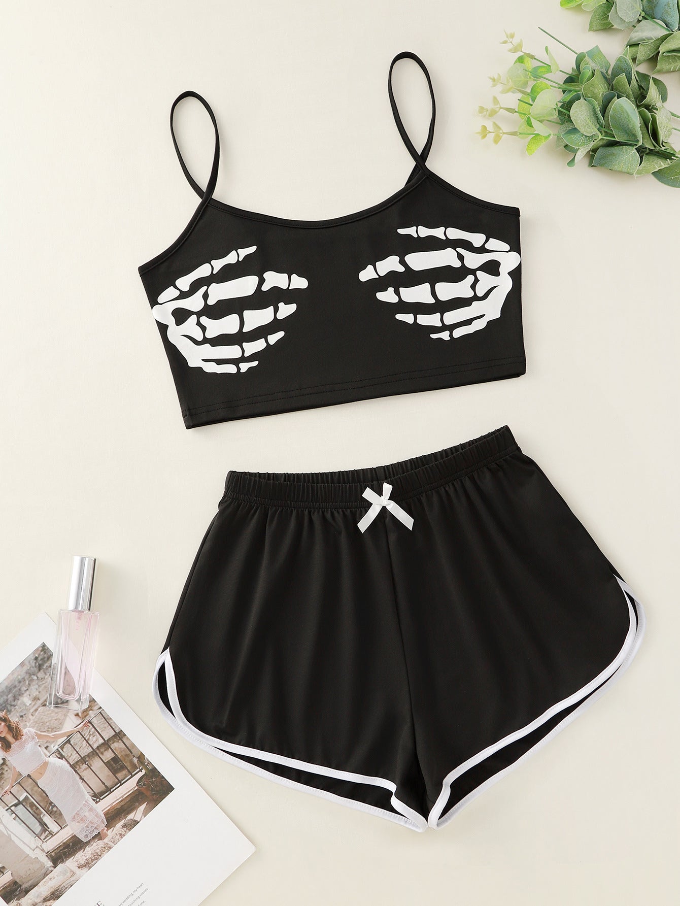 white Skeleton Hands Top Pajama and Shorts Set Black