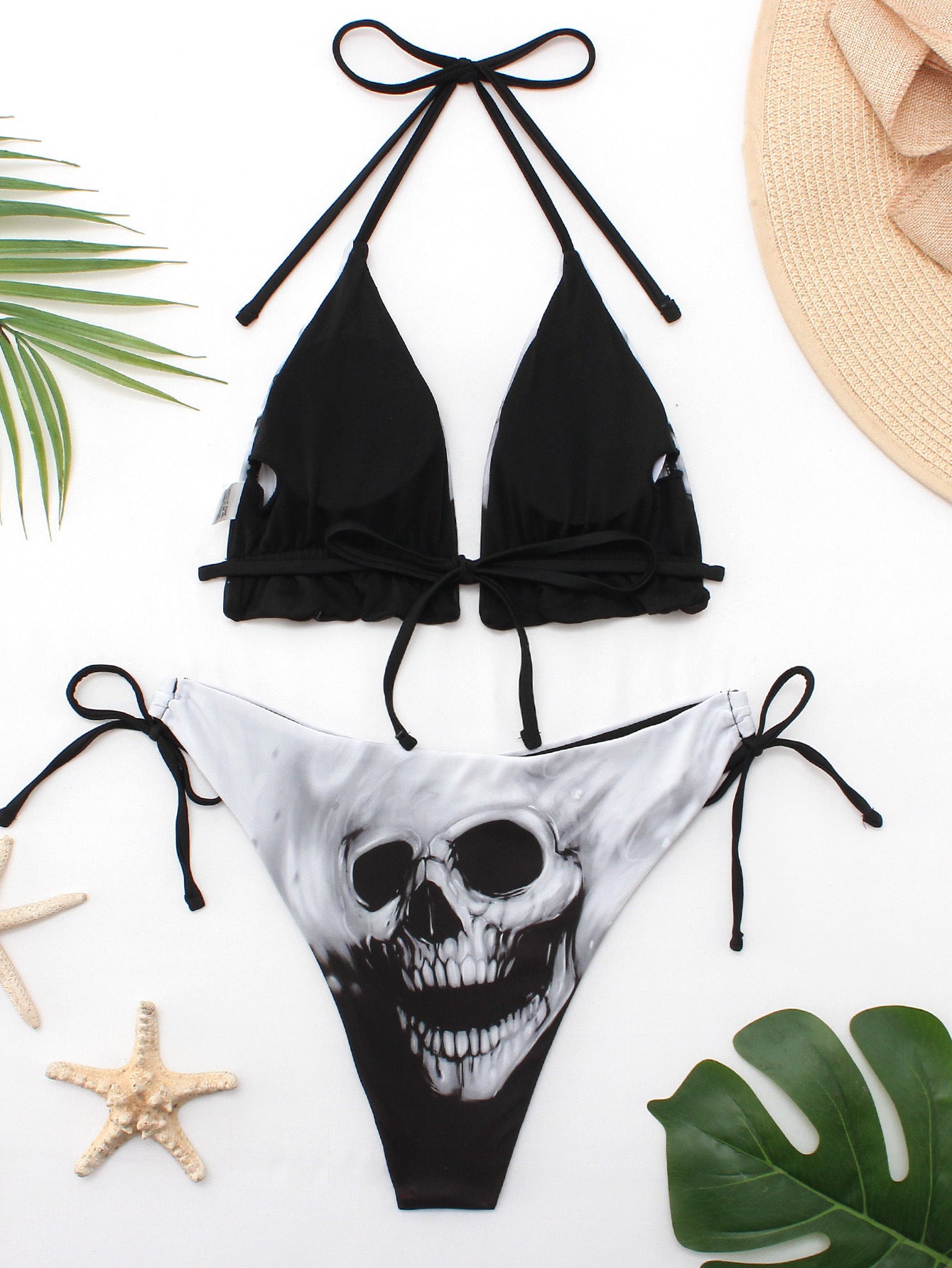 white Skull with Red Roses Goth Beachwear Set Womens