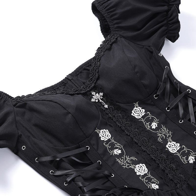 cord Corset Gothic Dress Mini with Puff Sleeves white roses
